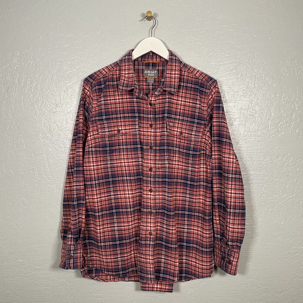 Ariat Rebar Women XL Blue Pink White Plaid Flannel Shirt DuraStretch Workwear